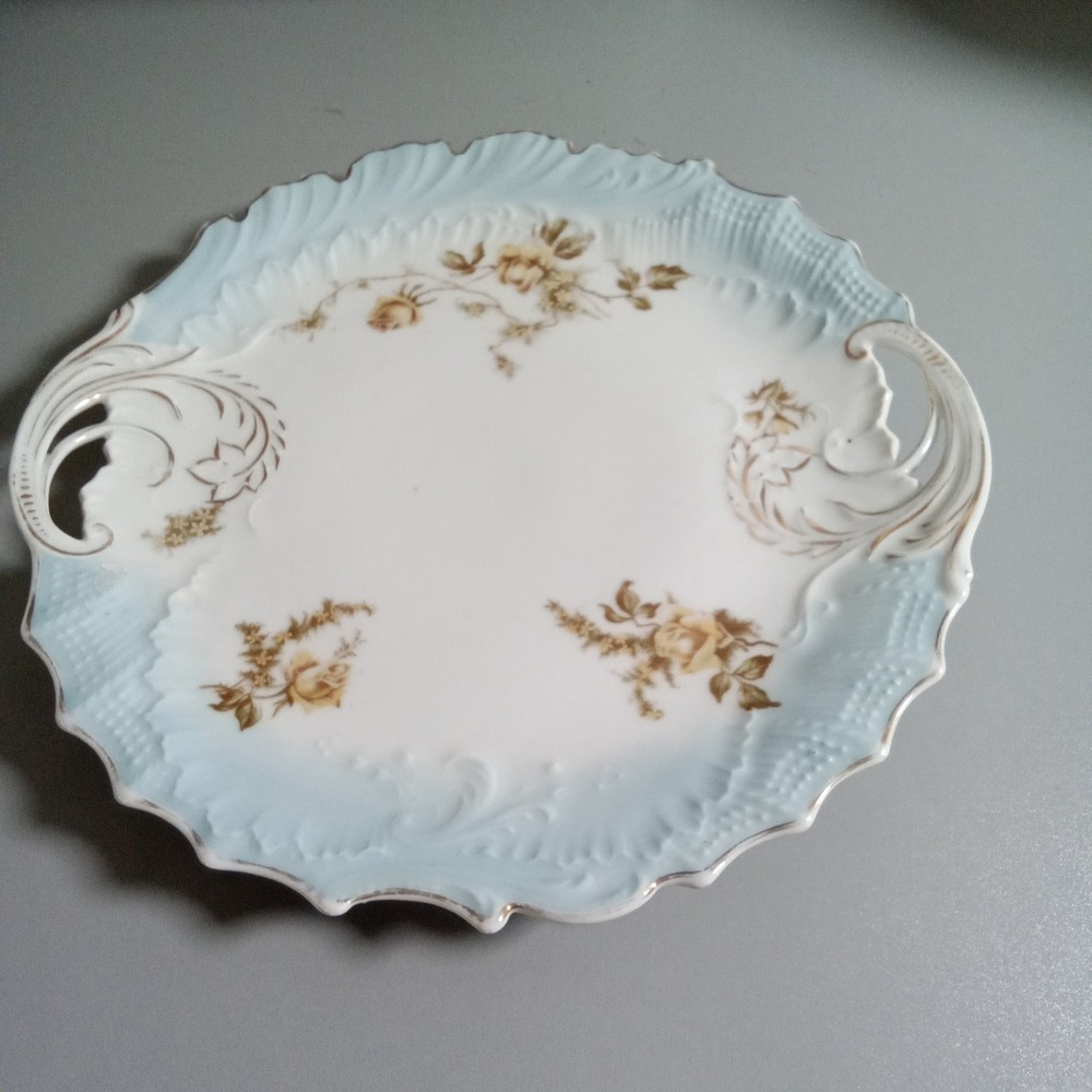 Antique Porcelain Serving Platter Yellow Roses Blue Scalloped Gold Gilt Handle